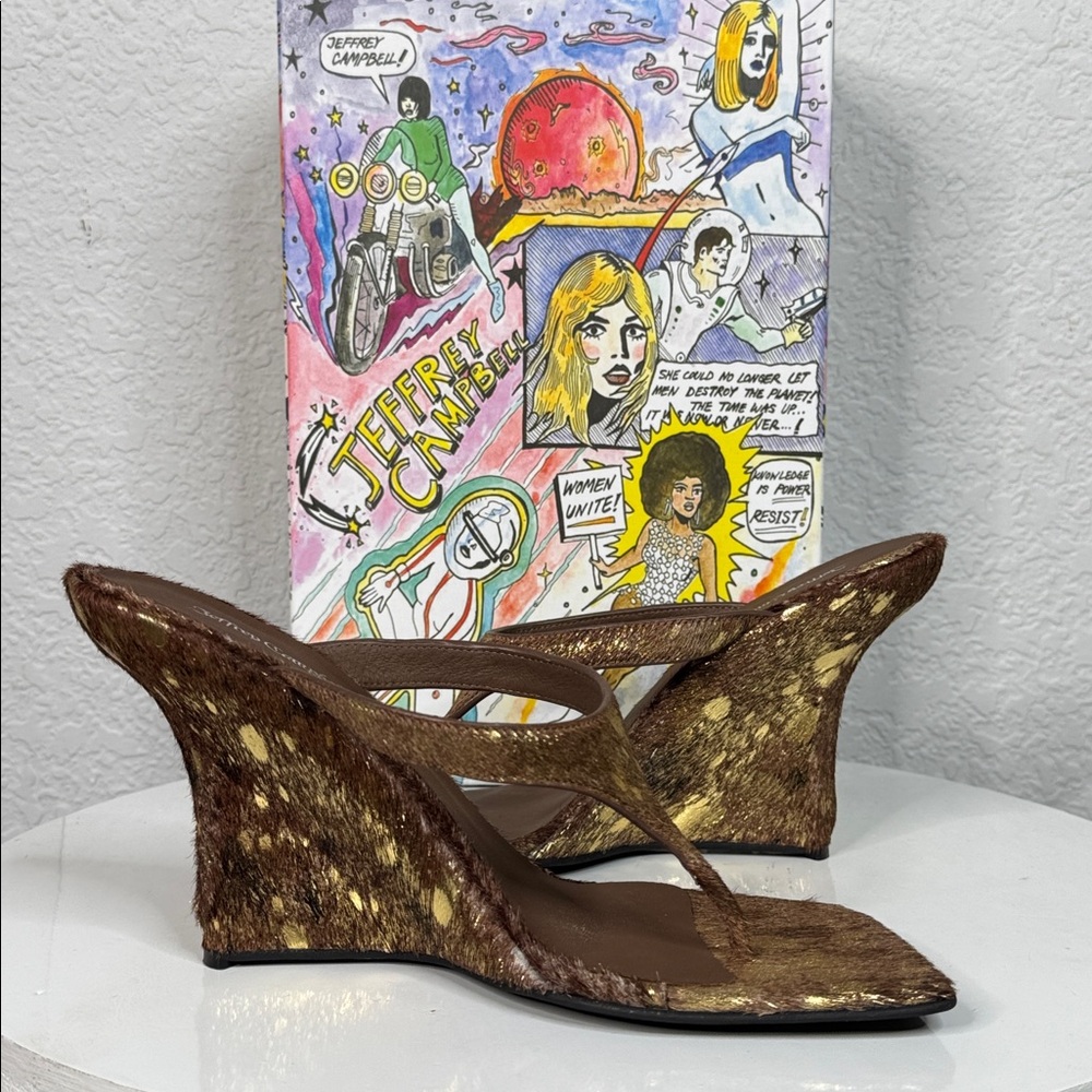 JEFFREY CAMPBELL ROMEE F CALF HAIR SCULPTED WEDGE SANDALS BROWN GOLD SPOT *NIB* - Picture 6 of 15